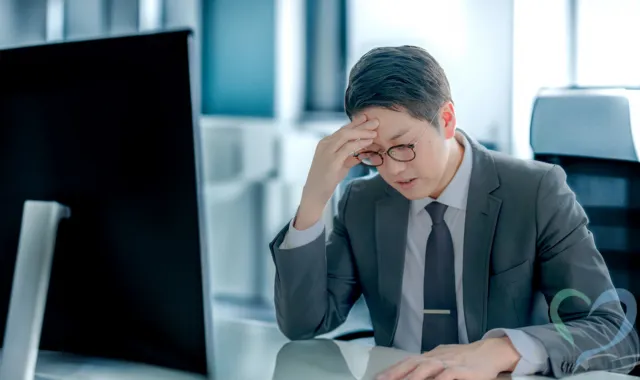 PCを前にうなだれる男性